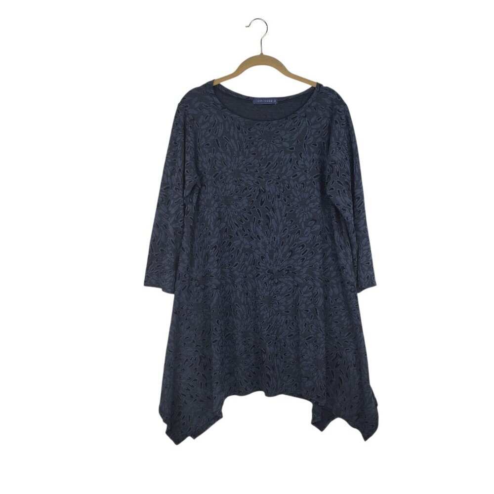 Cut Loose Blue Floral Tunic Top 3/4 Sleeve Sharkbite Hem Lagenlook Size Medium